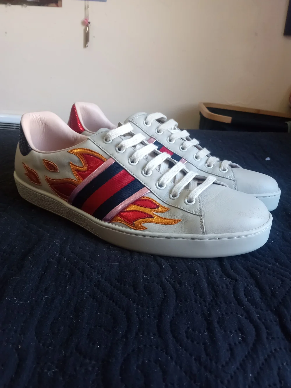 Gucci Leather Flame Accent Sneaker with Red and Gold Details Mens UK 9 US 10
